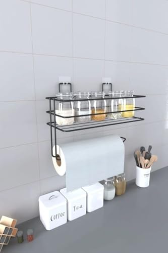 Yapışkanlı Metal Raf – Kağıt Havlu Askılı Duvar Tipi Baharatlık ve Şampuanlık, Banyo ve Mutfak İçin Uygun, Delmeden Yapıştırmalı Metal Askılı Organizer Raf - Görsel 3