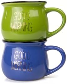 Alternative view of 2'Li Emaye Görünümlü Renkli Porselen Kupa Seti Good Morning Gold Yazılı 250 Ml,Mavi & Yeşil