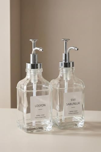 2’li Cam Sıvı Sabun ve Losyon Etiketli Gümüş Tıpalı Deterjan Şişesi Sabunluk 500 Ml - 2112020-S C1-1-289
