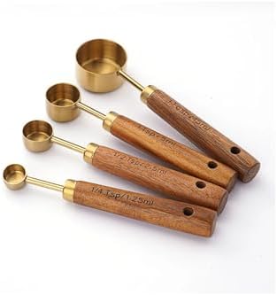 4 Parça Bambu Saplı Ölçü Kaşığı Seti, Gold Renk, Paslanmaz Çelik
