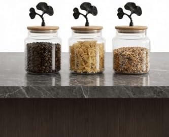 Mat Siyah Ginkgo Figürlü 3’Lü Cam Kavanoz Seti – Bambu Kapaklı 635 Cc Saklama Kabı