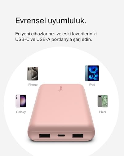 USB C Taşınabilir Şarj Cihazı 20000 mAh, USB Tip C Giriş Çıkış Bağlantı Noktalı 20K Güç Bankası için USB C - A Kablosu Dahil 2 USB A Bağlantı Noktası – Rose Gold