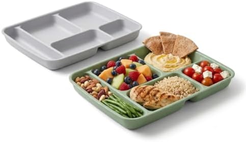 Evim Trend 2 Adet 5 Bölmeli Servis Tabağı ve Tabldot Seti - BPA İçermez, Çok Amaçlı Kahvaltı, Diyet, Çerez ve Sunum Tabağı - Kırılmaz Piknik Seti (31x21 cm) - Gri ve Yeşil - Görsel 2