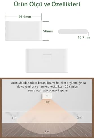 Alternative view of 2 Adet Beril İki Yönlü Sensörlü Şarjlı LED Aplik, 5W 2700K Sıcak Işık, DC 5V, 110° Hareket Algılama, 3-5m Sensör Mesafesi, 20 Saat Sabit Işık Süresi, Otomatik/Manuel Modlu – ABS Gövde