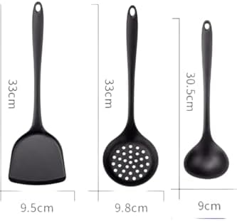 Isıya Dayanıklı Yanmaz Yapışmaz Kepçe Spatula Kevgir Seti 3 Parça, Siyah