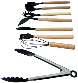 8 Parça Premium Mutfak Seti, Ahşap Saplı ve Silikon Uçlu, Siyah, Kepçe, Spatula, Çırpıcı, Fırça, Maşa Dahil