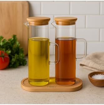Alternative view of Lavino 3 Parça 400 ml Borosilikat Yağlık - Bambu Altlık ve 2 Adet Bambu Kapaklı Cam Yağdanlık