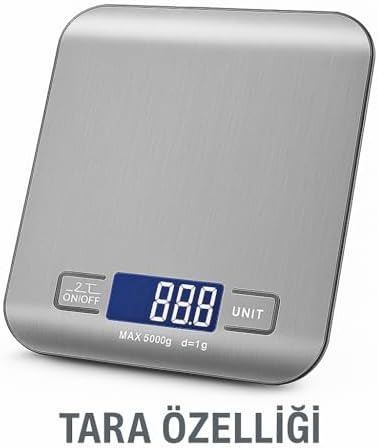Dijital Mutfak Terazisi – 5000 g / 1 g Hassasiyetli Paslanmaz Çelik Tartı, LCD Ekranlı, Akıllı Otomatik Kapanma Özelliği, Gram, Ons ve Mililitre Ölçer - Görsel 3