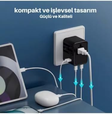 Universal Seyahat Adaptörü, 25W GaN Hızlı Şarj, 2x USB-C + 1x USB-A, Universal Travel Adapter, Priz Dönüştürücü, 200+ Ülke Uyumlu, Çoklu Cihaz Şarj, Kompakt Tasarım
