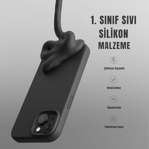 Alternative view of iPhone 13/14 ile Uyumlu Lansman Silikon Kılıf, Kamera Korumalı Kadife İç Astarlı Esnek ve Darbe Emici Mat Siyah Kapak