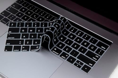 MacBook Pro Türkçe Q Klavye Koruyucu US ANSI Düz Enter Uyumlu Silikon Keyboard Cover 13-15 İnç A1706 A1989 A2159 A1707 A1990 | Amerikan İngilizce Klavyeyi Türkçe Q’ya Çeviren Siyah