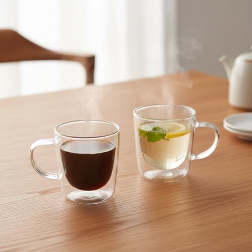 2'li Çift Cidarlı Kulplu Cam Fincan Seti - 100 ml Isıya Dayanıklı Espresso ve Türk Kahvesi Bardağı - El Yakmayan Modern Tasarım (2 Adet) - Görsel 2