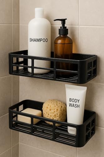 Yapışkanlı Duş Rafı – 2 Adet Paslanmaz Banyo Şampuanlık Organizer | Delmeden Montaj | Geniş Kapasiteli Duş Organizeri | Siyah Plastik Raf – Banyo Mutfak Uyumlu