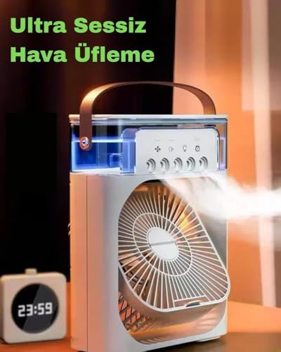 Şarjlı Soğutmalı Vantilatör - Beyaz - 7 Renk LED Işıklı Mini Hava Soğutucu, Buharlı Nemlendirici, Parfüm Hazneli, Zaman Ayarlı, Taşınabilir USB Fan (Ev & Ofis İçin) - Görsel 3
