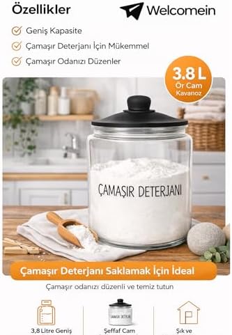 3,8 L Cam Deterjanlık Kavanoz – Amber Renk, Kapaklı “LAUNDRY POWDER” Saklama Kabı, Çamaşır Deterjan Kapsülü ve Pod Düzenleyici
