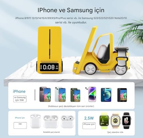 T20 15W 5’i 1 Arada Magsafe Kablosuz Şarj İstasyonu, Dijital Saatli Forklift Tasarım, iPhone 16/15/14/13/12, Apple Watch, AirPods Uyumlu Masaüstü Hızlı Şarj Standı (Sarı) - Görsel 3