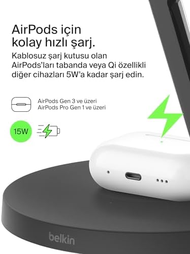 Alternative view of 3'ü 1 Arada Qi2 şarj cihazı, MagSafe uyumlu kablosuz şarj istasyonu, Apple iPhone 16 Serisi, Apple Watch, Kaymaz Tabanlı AirPods için Qi2 Kablosuz Şarj Aleti, PSU Dahil - Siyah