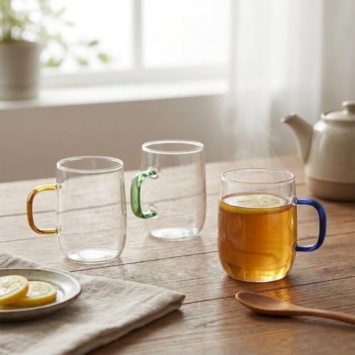 1 Adet Borosilikat Cam Kupa (380 ml) - 3 Farklı Renkli Isıya Dayanıklı Şeffaf Çay ve Kahve Fincanı Şık Kulplu Minimalist Kupa Bardak (Asorti)