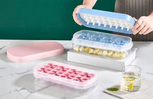 32 Bölmeli Hazneli Basmalı Buzluk – Silikon Basmalı Kolay Buz Çıkarma Sistemi, Kapaklı Buz Saklama Haznesi, BPA İçermeyen Pratik Buz Yapıcı (Mavi)
