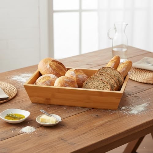 Alternative view of Bambu Ekmek Sepeti ve Sunumluk (33x15x7 cm) | Doğal Ahşap Modern Meyve, Sebze ve Servis Sepeti | Antibakteriyel ve Şık Tezgah Üstü Düzenleyici