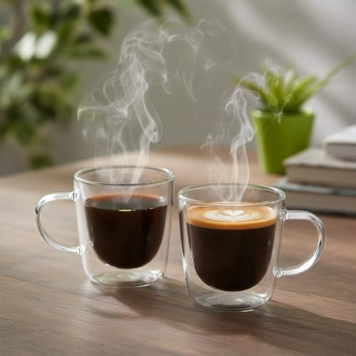 2'li Çift Cidarlı Kulplu Cam Fincan Seti - 100 ml Isıya Dayanıklı Espresso ve Türk Kahvesi Bardağı - El Yakmayan Modern Tasarım (2 Adet) - Görsel 3