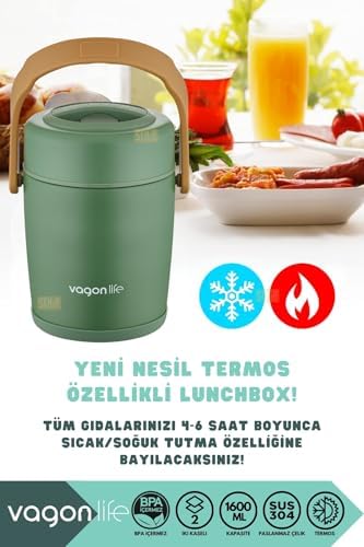 1600ml Lunchbox 2 Kaseli 4-6 Saat Sıcak/Soğuk Termos Özellikli Çelik Sefer Tası Yemek Kutusu (Yeşil)