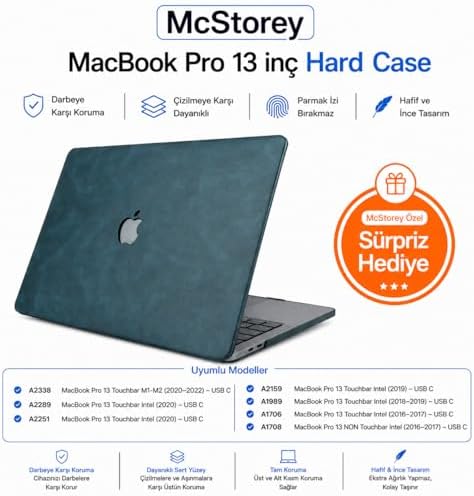 Alternative view of MacBook Pro 13 Deri Desenli Kılıf A1706 A1708 A1989 A2159 Uyumlu İnce Hafif Sert Kılıf Koruyucu Kapak 2016-2019 Lacivert