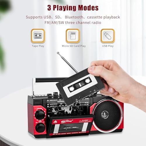 Kaset Çalar, Taşınabilir Kaset Teyp Çalar, FM/AM/SW Frekans Bandı Destekli Kaset Kaydedici, Kaset/Bluetooth/Kart Girişi/Kayıt Özellikli, Pilli/Elektrikli Kullanılabilir, PX-250BT (Kırmızı)