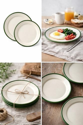 4'lü Emaye Servis Tabağı Seti - 25 cm Krem Renkli Yeşil Kenarlı Yemek Tabağı Takımı - Nostaljik Tasarım, Dayanıklı ve Sağlıklı Mutfak Gereçleri - Kamp ve Ev Kullanımına Uygun - Görsel 3