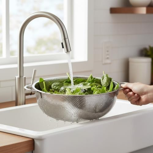 Premium 19 cm Paslanmaz Çelik Küçük Mutfak Süzgeci, Çift Kulplu Metal Pirinç Yıkama Kabı, Isıya Dayanıklı Delikli Meyve ve Sebze Süzme Kasesi (Gümüş) - Görsel 3