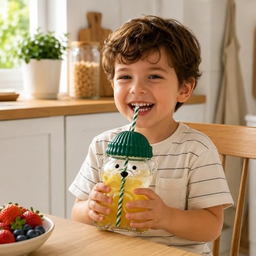 580 ML Ayıcık Desenli Cam Bardak Pipetli Silikon Kapaklı Soğuk Kahve Bardağı Şeffaf Cam Kupa Sevimli Ayıcık Bardak Bubble Tea Smoothie Milkshake Meyve Suyu İçecek Bardağı Çocuk ve Yetişkin - Görsel 2