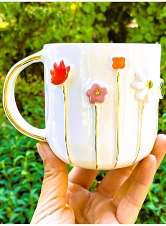 CW Celine's Wonders 24 Ayar Altın Detaylı Ilkbahar Çiçek Kabartmalı 450 Ml El Yapımı Mug Spring Flower - Görsel 2