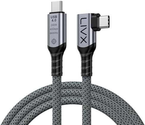 USB4 Kablo 90 Derece USB-C to USB-C 40Gbps Veri Aktarım, 240W PD Hızlı Şarj, 8K@60Hz Görüntü Desteği, Thunderbolt 3/4 ile Uyumlu, Örgülü Dayanıklı Şarj ve Data Kablosu KLV-Y (50, 50, Santimetre)