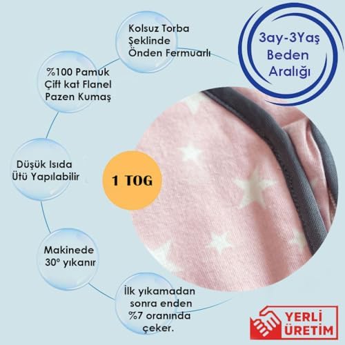 Yorni Kışlık ve Mevsimlik Çift Kat Flanel%100 Pamuk Kumaş Bebek Çocuk Uyku Tulumu 1 TOG 18-36 Ay