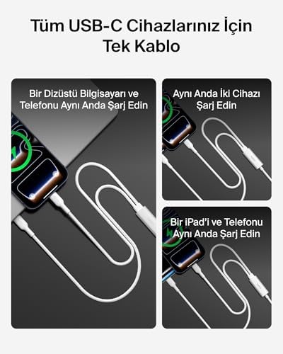 Pro 2’si 1 Arada 140 W USB-C - USB-C Şarj Kablosu, Örgülü Çift Şarj Kablosu, Akıllı Güç Paylaşımı ile Hızlı Şarj, MacBook, iPhone, iPad, , Pixel ve Daha Fazlası İçin, Beyaz - Görsel 3