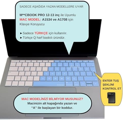 Türkçe Q Klavye Koruyucu MacBook A1534 A1708 Uyumlu UK Avrupa Ters L Enter Silikon Klavye Koruyucu Renkli Pastel Tasarım Mavi Pembe - Görsel 3