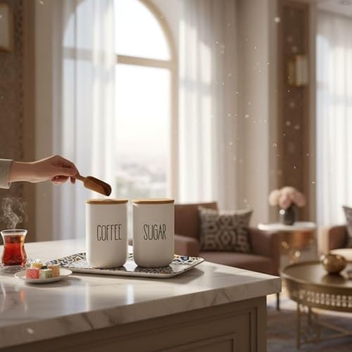 3'lü Bambu Kapaklı Seramik Kavanoz Seti - Vakumlu Çay Şeker Kahve Saklama Kabı - Coffee Sugar Tea Yazılı Beyaz Baharatlık (700 ml)