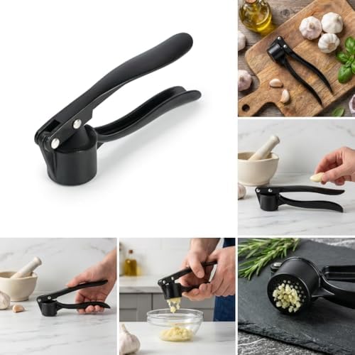 Paslanmaz Metal Döküm Sarımsak Ezici ve Presi – Ergonomik Saplı Profesyonel Sarımsak Kırıcı, Kolay Temizlenen Ağır Döküm Gövde (15.5 cm, Mat Siyah)
