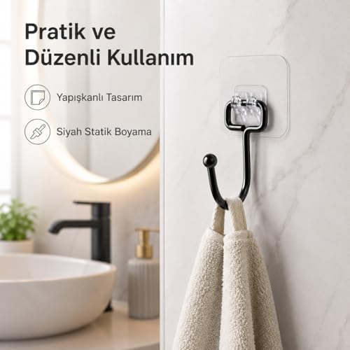 Yapışkanlı Siyah Askılık, Şeffaf Tabanlı Kancalı Banyo ve Mutfak Askısı, Delmeden Montajlı Metal Havlu ve Bez Askılığı (3 Adet Gönderilmektedir)