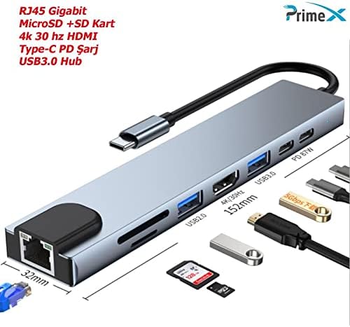PX-U520 8 in 1 Type-C Çoklayıcı Adaptör, 4K 30Hz HDMI USB-C Hub, 2x USB 3.0 RJ45 Gigabit Ethernet SD Micro SD Kart Okuyucu 2x PD Şarj Portlu Gri Metal USB-C Çevirici, MacBook Laptop PC için - Görsel 3