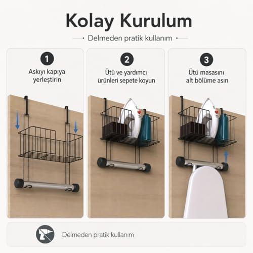 Alper Banyo Kapı Arkası Ütü Masası Askılığı Siyah, Sepetli Kapı Arkası Düzenleyici, Delmeden Kullanımlı Ütü ve Ütü Masası Tutucu