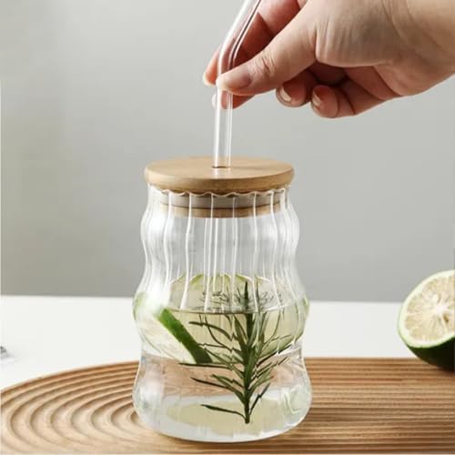 500ml Bambu Kapaklı Cam Bardak, Cam Pipetli Silikon Kapak Contalı Desenli Sıcak Soğuk İçecekler Kahve Meyve Suları ve Çayları için Şık Ergonamik Tasarım