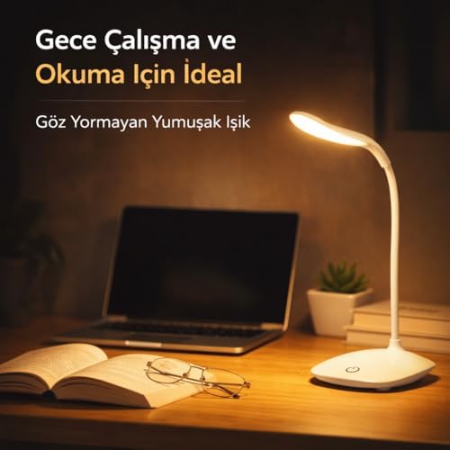 Alternative view of Dokunmatik LED Masa Lambası Şarjlı Ayarlanabilir Işık Göz Yormayan Esnek Gövde Modern Beyaz Masa Lambası