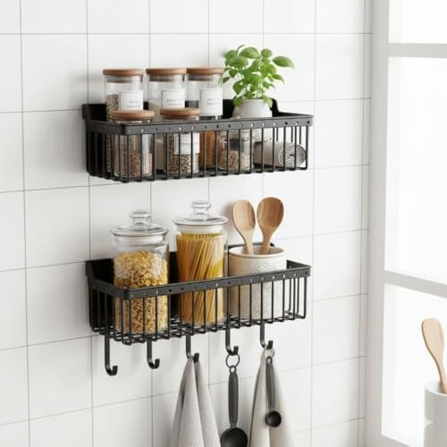 Alternative view of Yapışkanlı Plastik Siyah Banyo ve Mutfak Rafı – Su Tahliyeli Duş Organizeri, Askılı Düzenleyici (2’li Set – 25 cm)