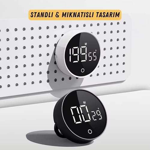 RT-1 Mıknatıslı Rotary Zamanlayıcı 0-199 İleri Geri Sayım Kronometre, Ayaklı Stand, LED Ekran, USB-C Şarjlı, Pomodoro & Mutfak Timer (Beyaz) - Görsel 3