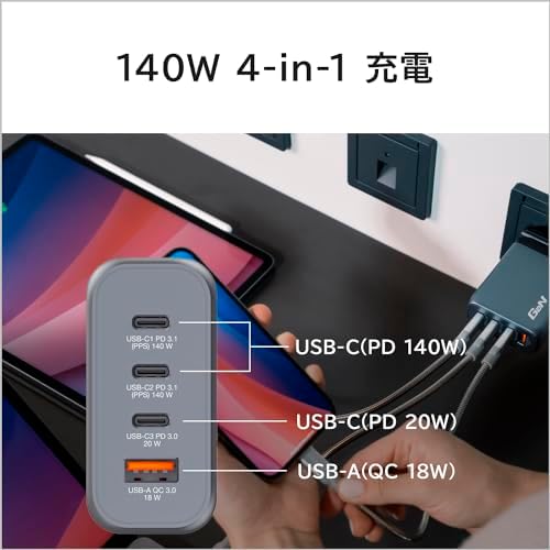 Alternative view of GNC-140 GaN Charger 140W with 2 x USB-C® PD 140W / 1 x USB-C® PD 20W / 1 x USB-A QC 3.0 (EU/UK/US)
