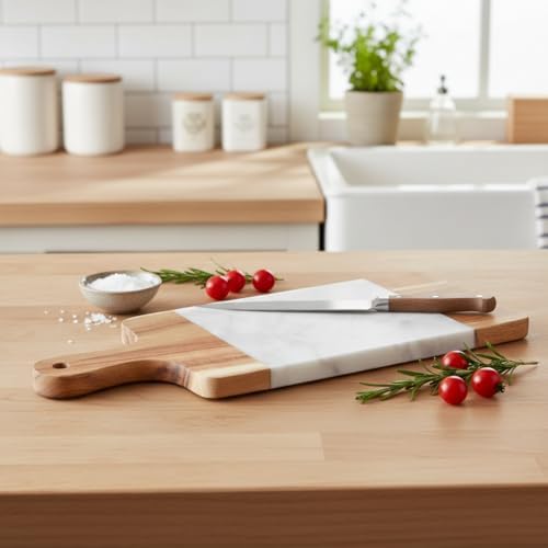 Akasya Mermer Sunumluk 33x13 cm - Doğal Ahşap ve Beyaz Mermer Detaylı Peynir, Şarküteri ve Kahvaltı Sunum Tahtası - Görsel 3