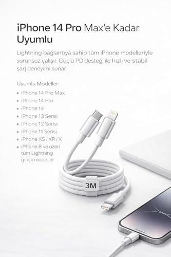 Yk Desıgn İPhone Uyumlu USB-C to Lightning Şarj ve Data Kablosu, Beyaz 3M - Görsel 3