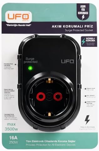 Alternative view of Yeni Tekli Akım Korumalı Topraklı Priz, Sürekli Koruma, 16A 250V, Max 3500W Aşırı Yük Koruması (Siyah)