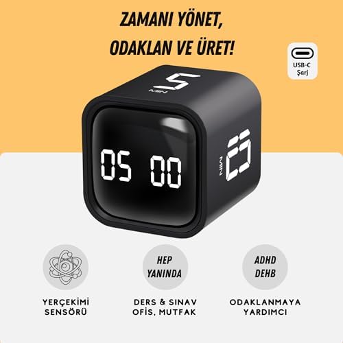 Alternative view of GT-1 Pomodoro Zamanlayıcı Küp, Flip Timer, Öğrenci Ders Çalışma Saati, 5/10/30/60 dk & Özel Geri Sayım, USB Şarjlı, Sessiz/Titreşimli Alarm, Mutfak Kronometresi - Siyah